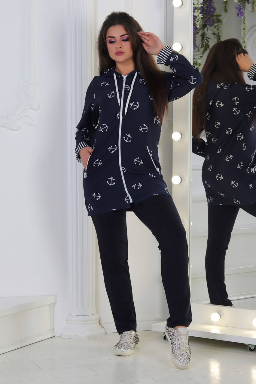 

Стильный женский повседневный костюм спортивного стиля сезон весна-осень из дайвинга и трикотажа 56й размер, Синий