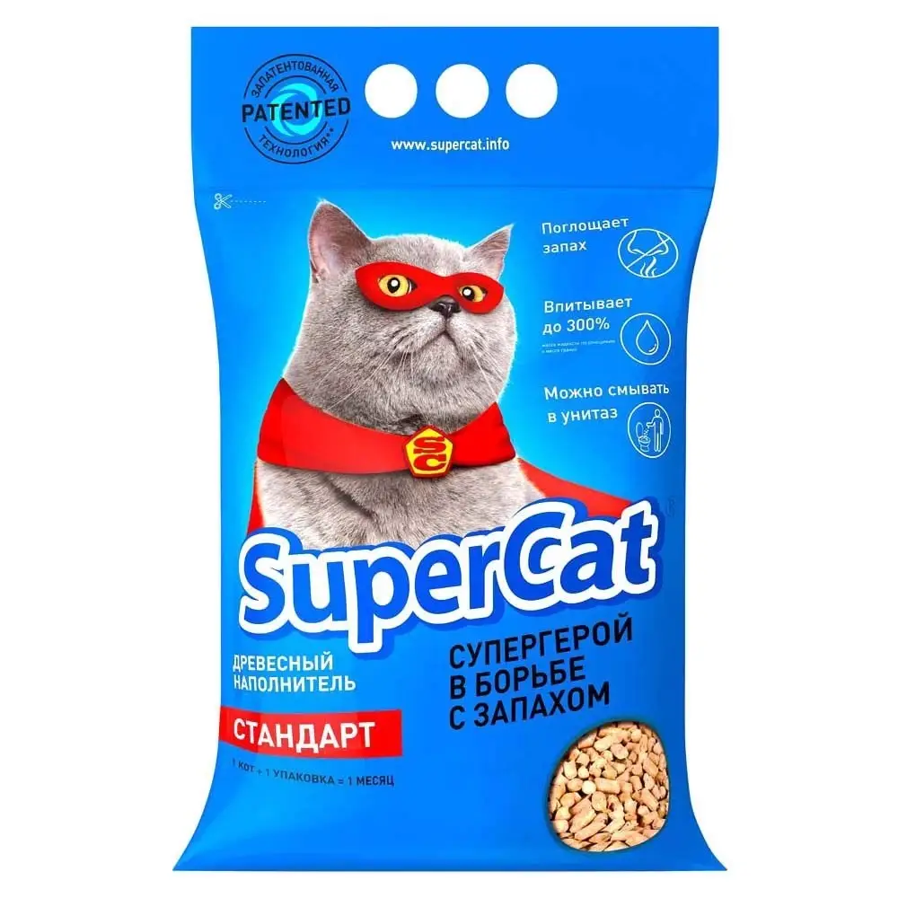 

СУПЕР КОТ СТАНДАРТ древесный наполнитель для кош.туалета 10л/3 кг