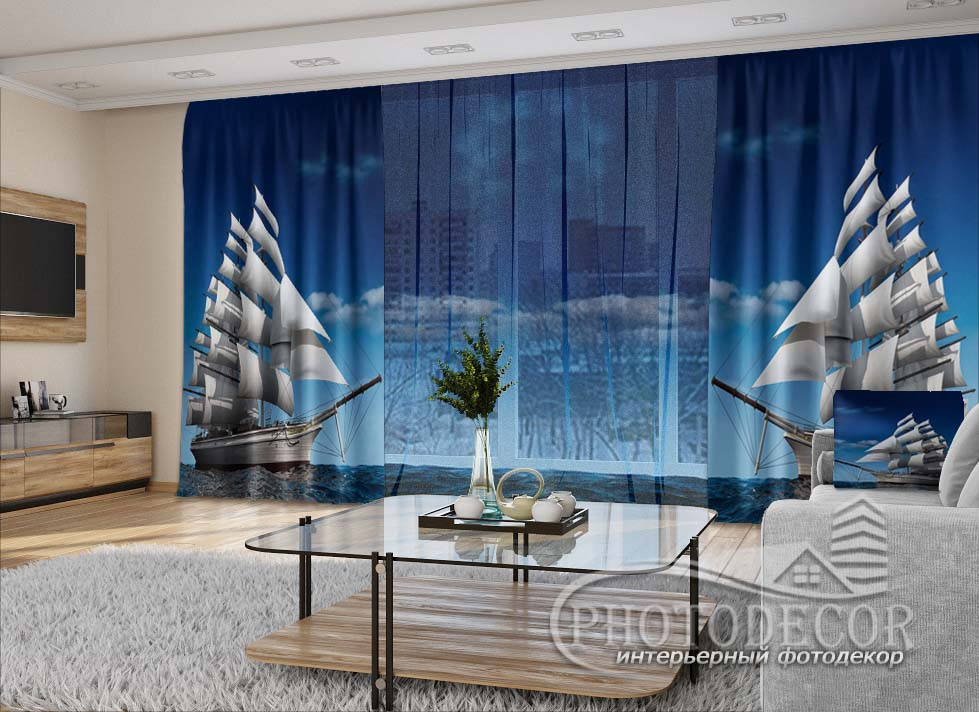 

3D - Фото Шторы и тюль "Парусник" (шторы 2,5м*2,9м, тюль 2,5м*3,0м), Голубой