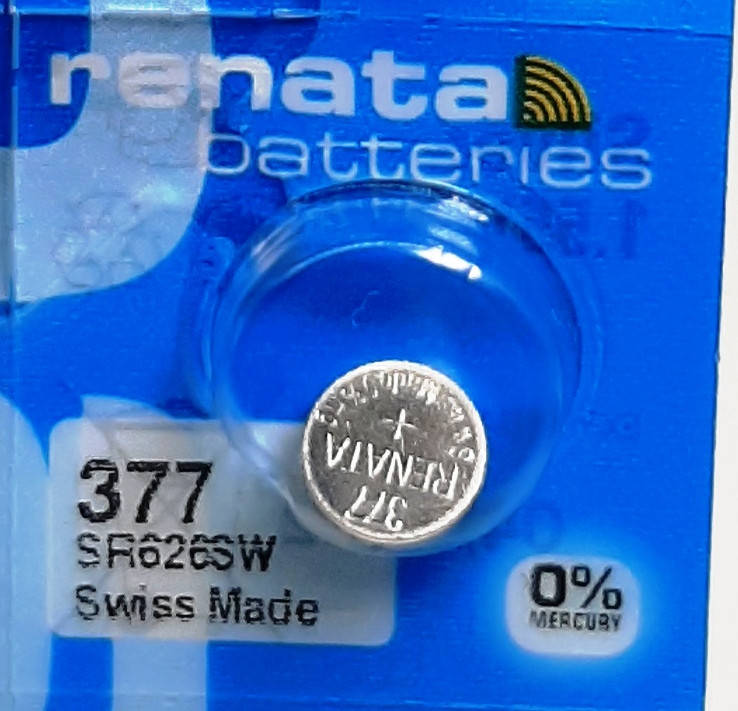 

Батарейка для часов. Renata SR626SW (377) 1.55V 28mAh 6.8x2.6mm. Серебрянно-цинковая