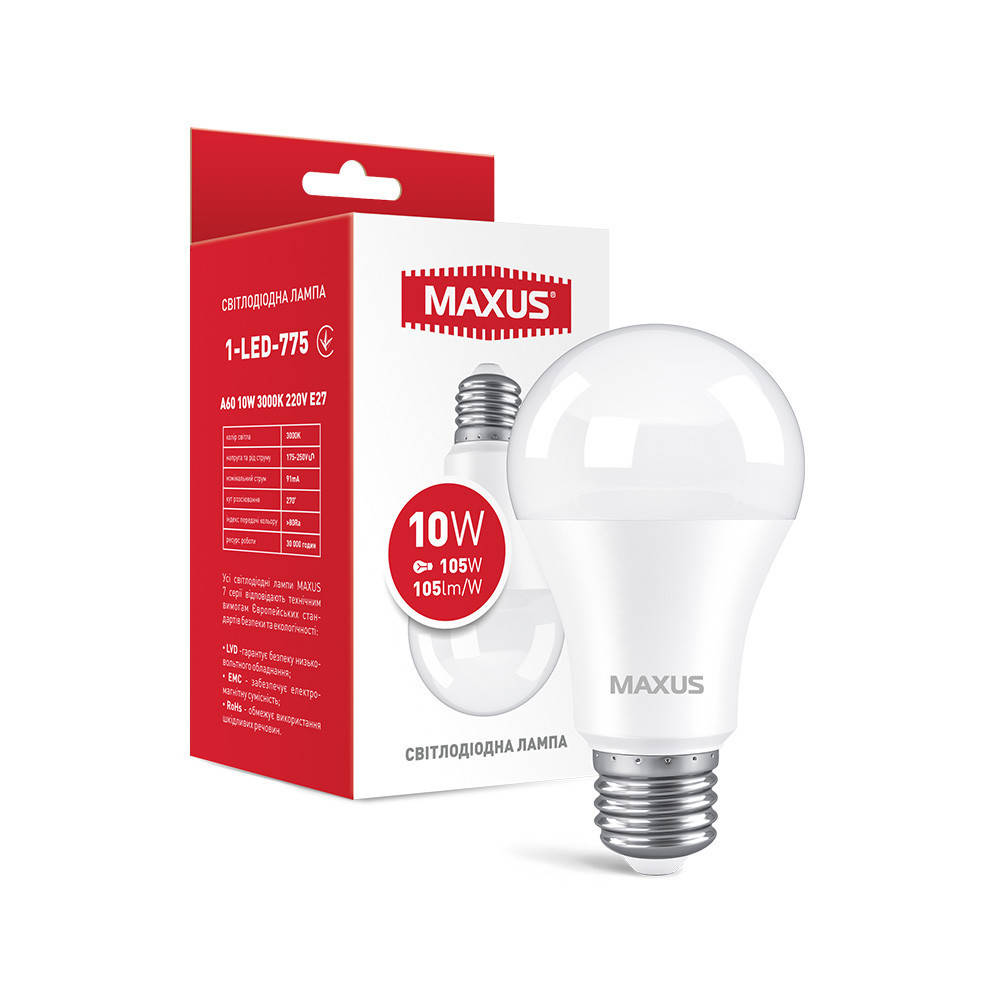

LED лампа MAXUS A60 10W 3000K 220V E27 (1-LED-775)