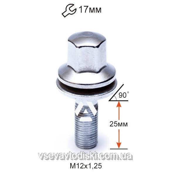 

Болт колесный AP72156 Cr для Peugeot, Citroen M12х1,25х25мм Прессшайба Хром Ключ 17