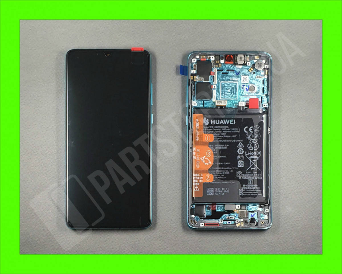 

Дисплей Huawei P30 Aurora (02352NLN) сервисный оригинал в сборе с рамкой, акб и датчиками, Голубой