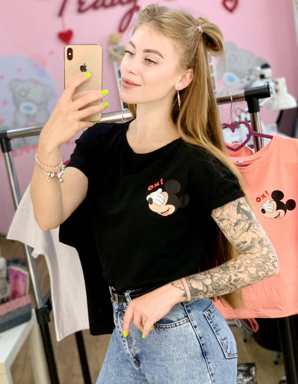 

Футболка Женская хлопок черная с принтом Mickey Mouse микки маус Ox, Черный