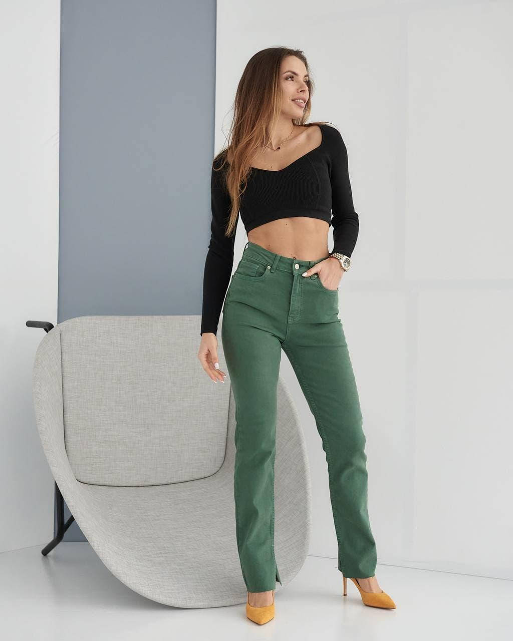 

Женские джинсы трубы с разрезами, зеленые прямые джинсы с высокой талией Турция