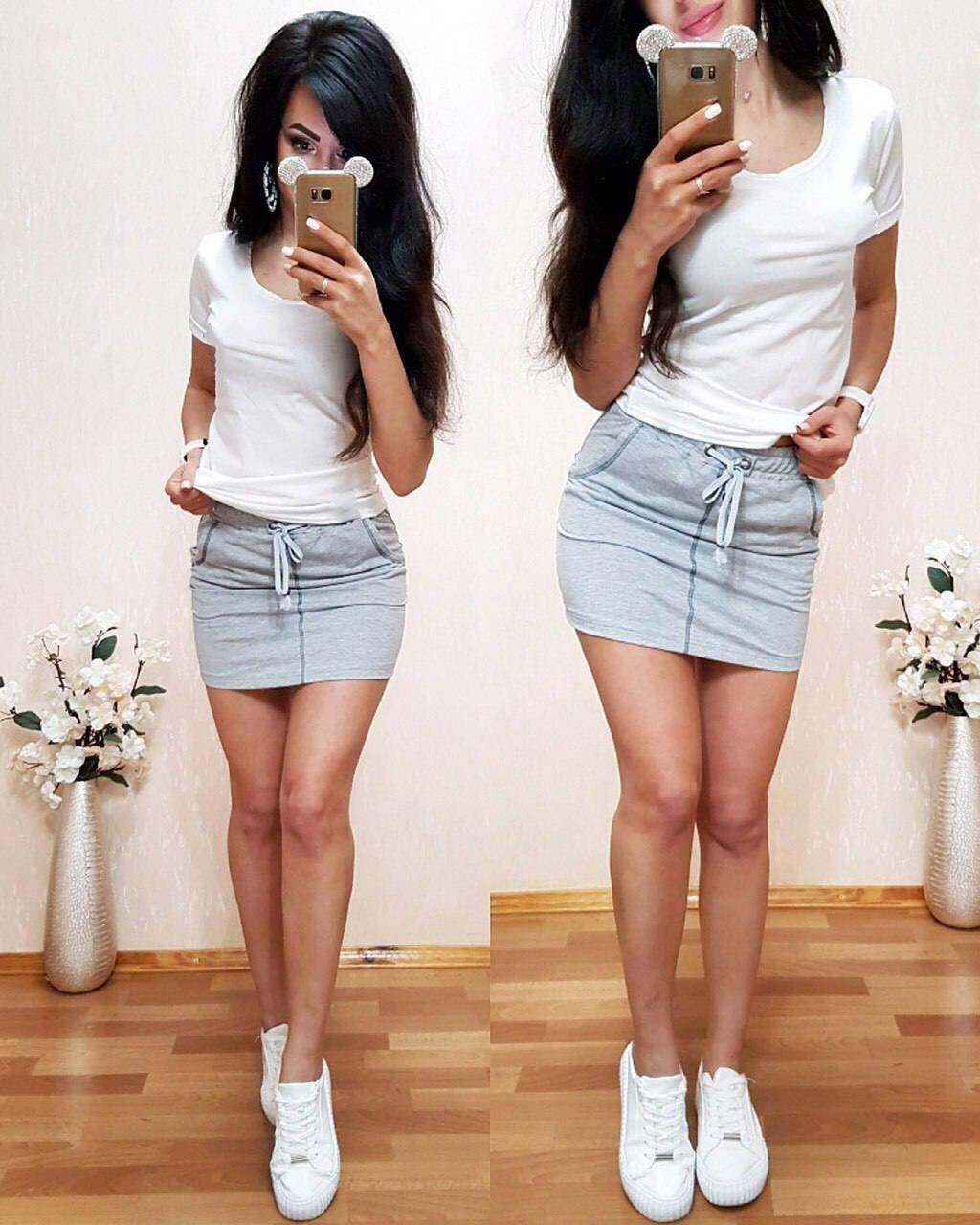 

Летний костюм двойка с короткой юбкой и футболкой однотонной повседневный (р. S-M) 11KO2274, Белый