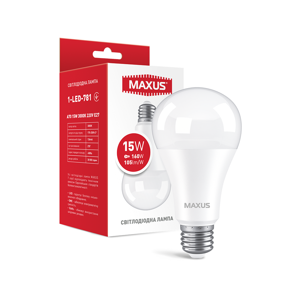 

Лампа светодиодная A70 Maxus 1-LED-781 A70 15W 3000K 220V E27