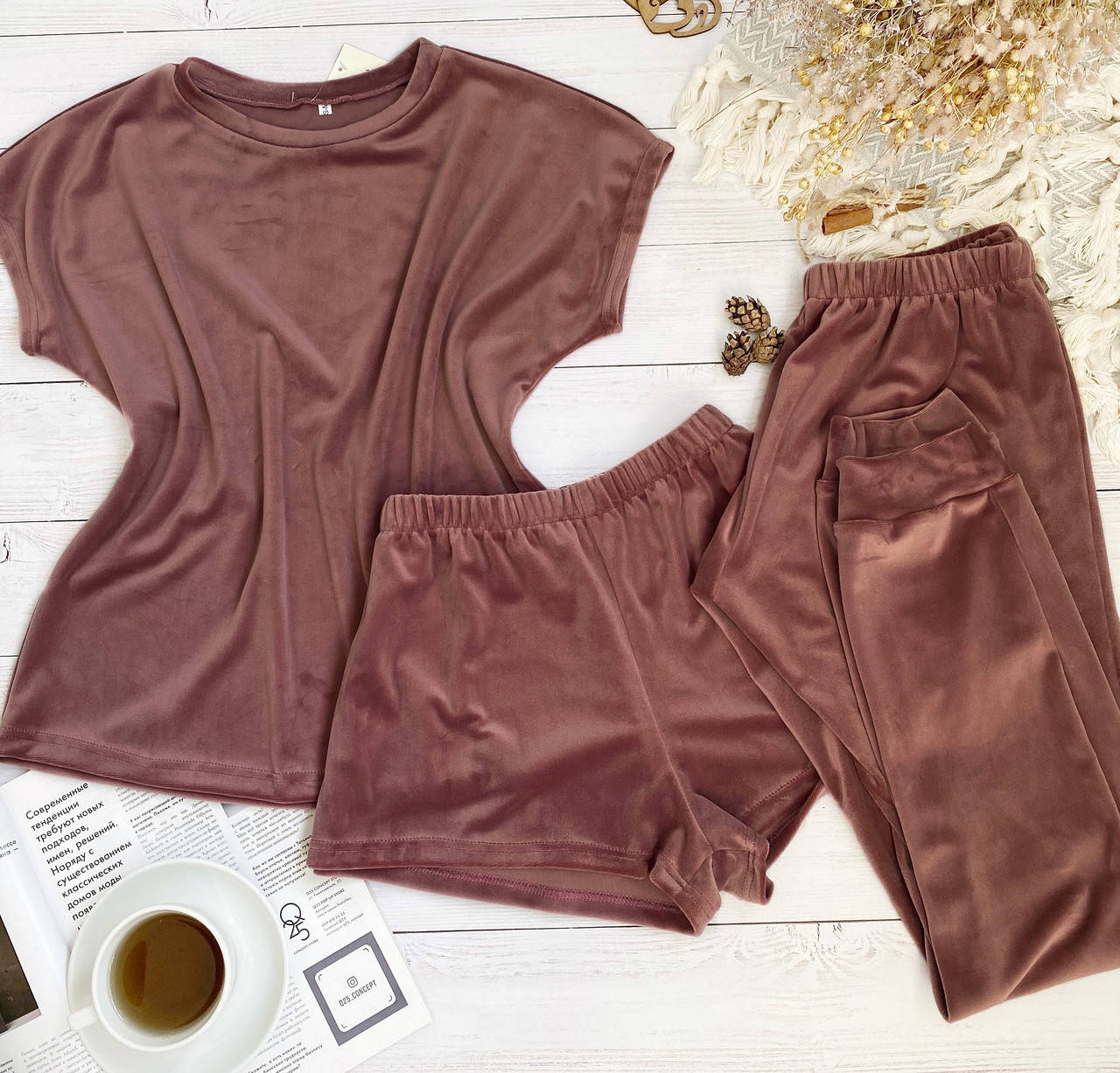 

Плюшевая пижама тройка футболка шорты штаны L-XL пыльная роза