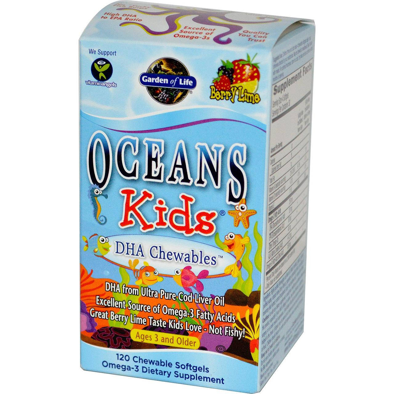 

Garden of Life, Омега 3 для детей Oceans Kids, DHA Chewables, от трёх лет с лаймом, 120 жевательных таблеток