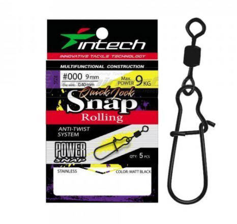 

Застежка с вертлюжком Intech Quick lock Snap Rolling Matt black #0 18кг (5 шт)