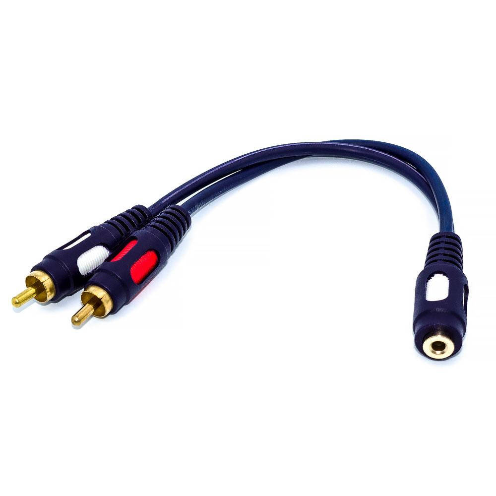 

Адаптер аудио, гнездо 3.5мм стерео - 2 штекера RCA, HQ, с кабелем, синий