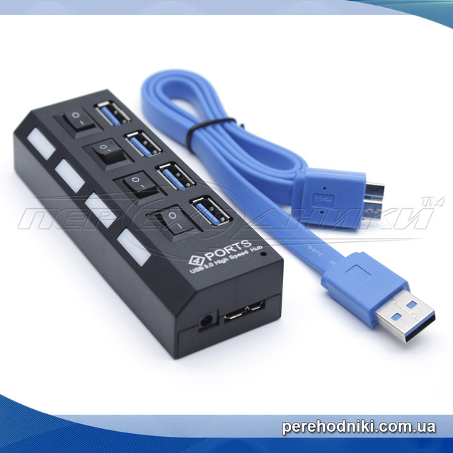 Hi-Speed USB 3.0 HUB, Support 2 Тб HDD, на 4 порта с переключателем на каждый порт, черный
