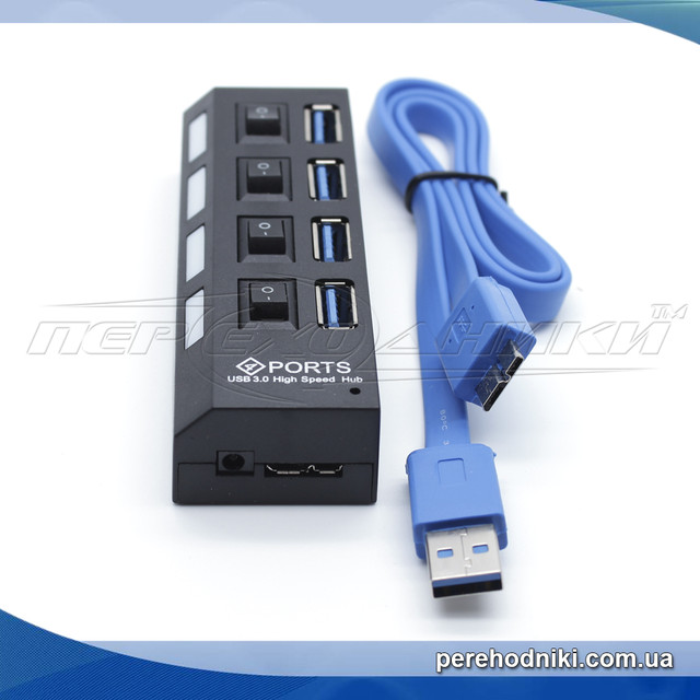 Hi-Speed USB 3.0 HUB, Support 2 Тб HDD, на 4 порта с переключателем на каждый порт, черный