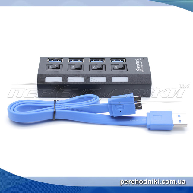 Hi-Speed USB 3.0 HUB, Support 2 Тб HDD, на 4 порта с переключателем на каждый порт, черный