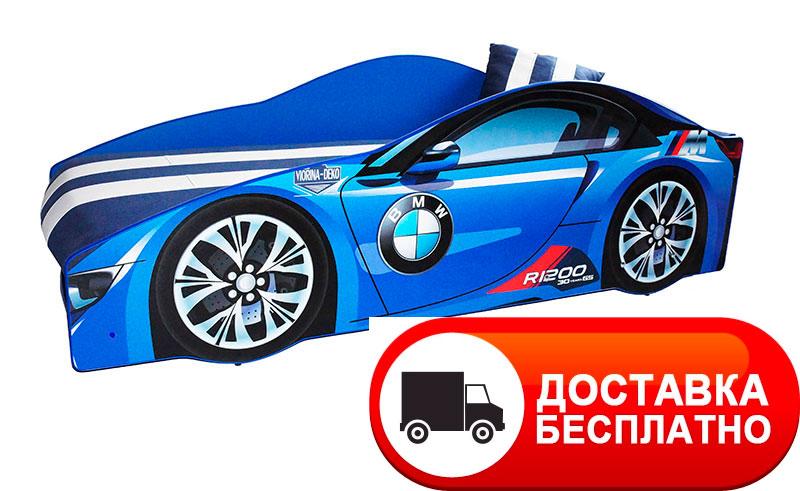 Ліжко машинка серія Еліт модель BMW синій зі спортивним матрацом і подушкою