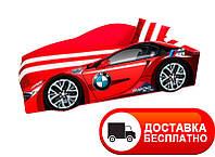 Кровать машинка серия Элит модель BMW красный со спортивным матрасом и подушкой