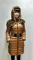 Пуховик пальто женский коричневый натуральный со съемным капюшоном из натурального меха Barrous