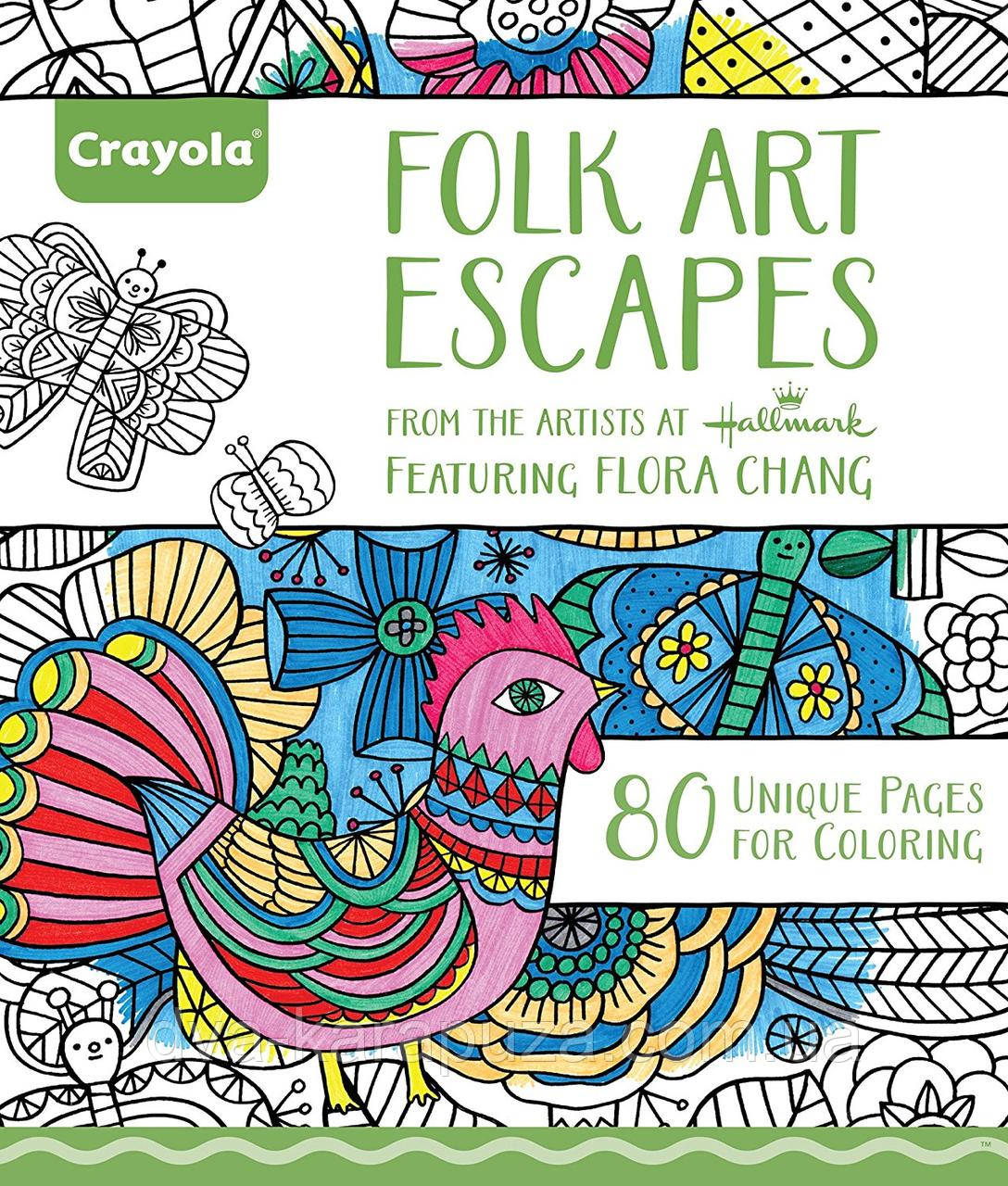 Книга розмальовка Crayola Folk Art Escapes Coloring Book, 80 картинок! З унікальним дизайном., фото 1