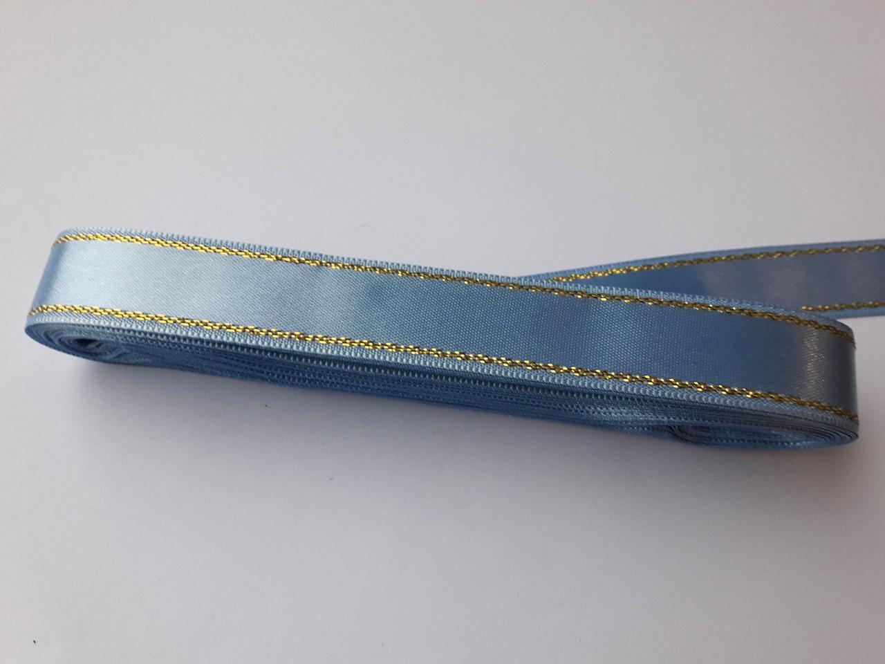 Стрічка атласна з люрексом золото двостороння 2 см Лента атласная с люрексом 10 метрів, голуба