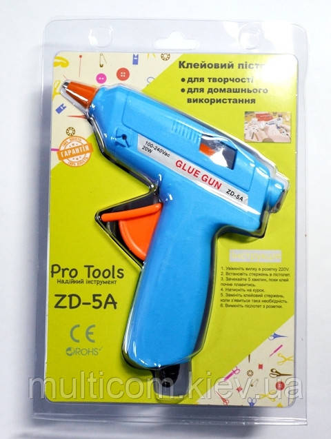 12-00-003. Пістолет клейовий 20W, під клей 7мм, в блістері, синій, ZD-5A, фото 1