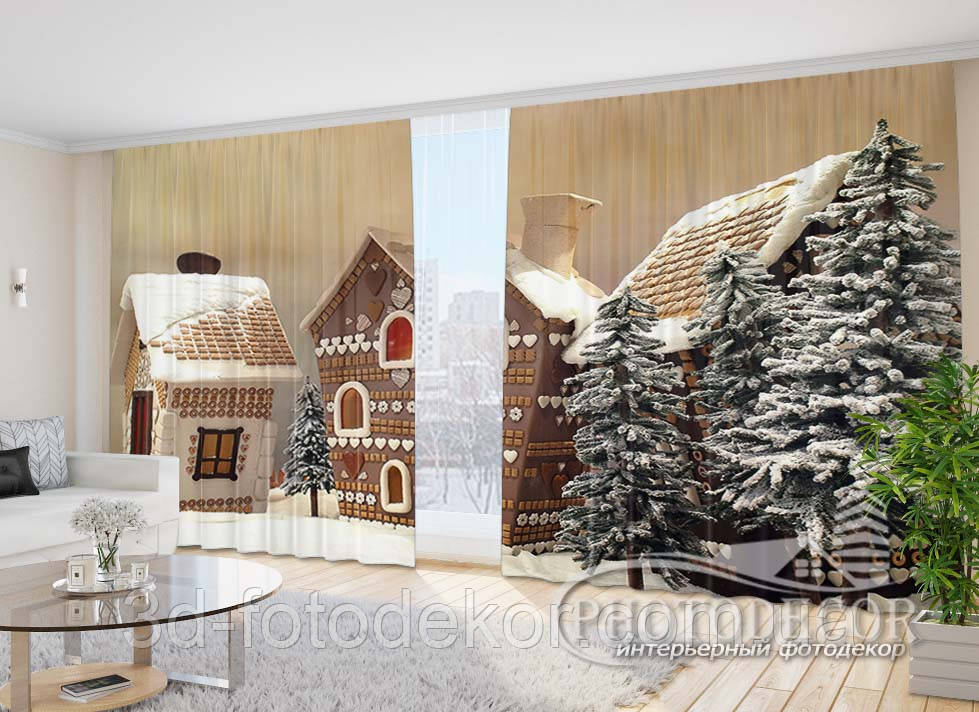 Новорічні Фото Штори "Пряникові будиночки в лісі" 2,7м*5,0м (2 полотна по 2,5 м), тасьма