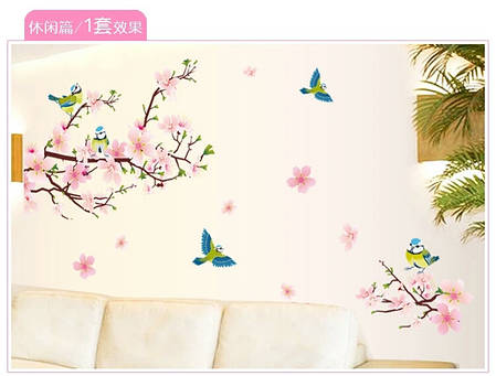 Вінілові наклейки на стіну, шафа "декоративне квітуче дерево і синички" 110см*77см (лист50*70см), фото 2