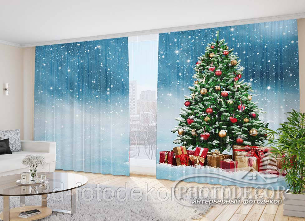 Новогодние Фото Шторы "Новогодняя елка и подарки" 2,7*5,0м (2 полотна по 2,5м), тесьма - фото 1 - id-p629210387