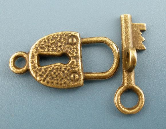 Застежки-тогл, Замок и Ключ, Цинковый сплав, Античная бронза, “ Навесной замок ”, 20 мм x 5 мм, 21 мм x 11 мм