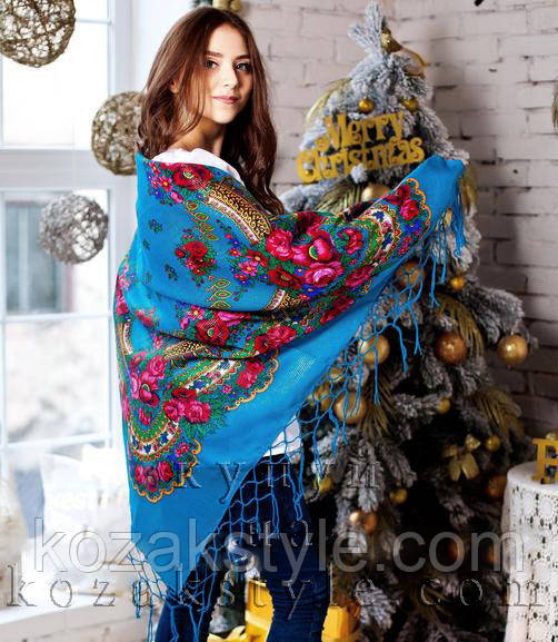 Українська хустка бірюзова з люрексом (125х125)
