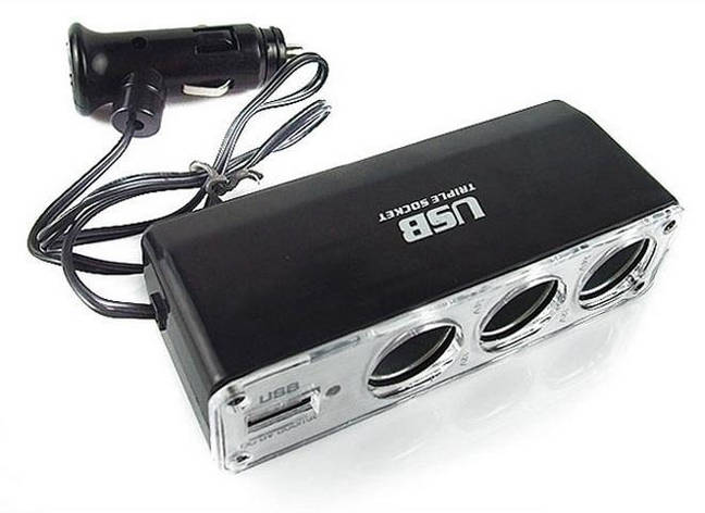 Розгалужувач авто прикурювача 3 гнізда + USB, фото 1