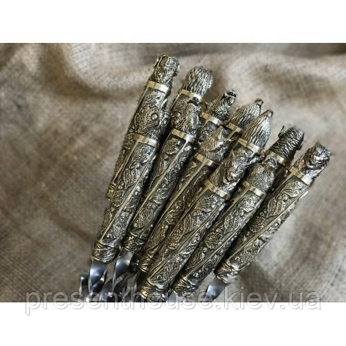 Набір шампурів ручної роботи "Дюжина" в сагайдаку з натуральної шкіри, фото 1