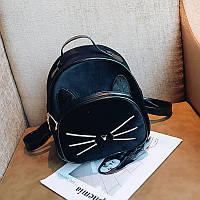 Модный маленький рюкзак женский городской. Рюкзак для девочки бархатный Кот с меховыми ушками Черный