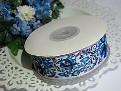 Стрічка репсова 2.5 см малюнок квіти іриси синього кольору