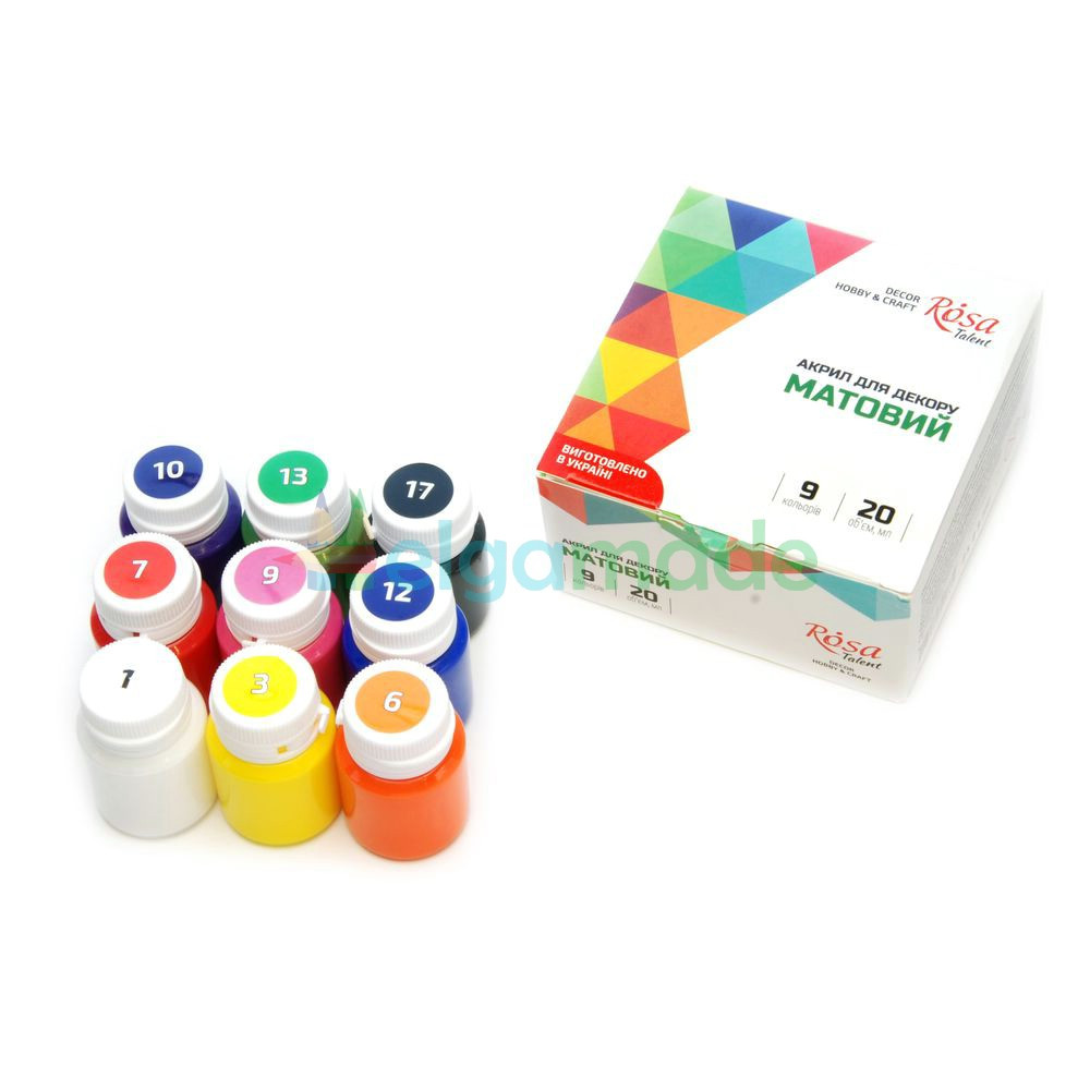 Набір акрилових фарб, МАТОВІ, 9 кольорів, 20 мл, ROSA, фото 1