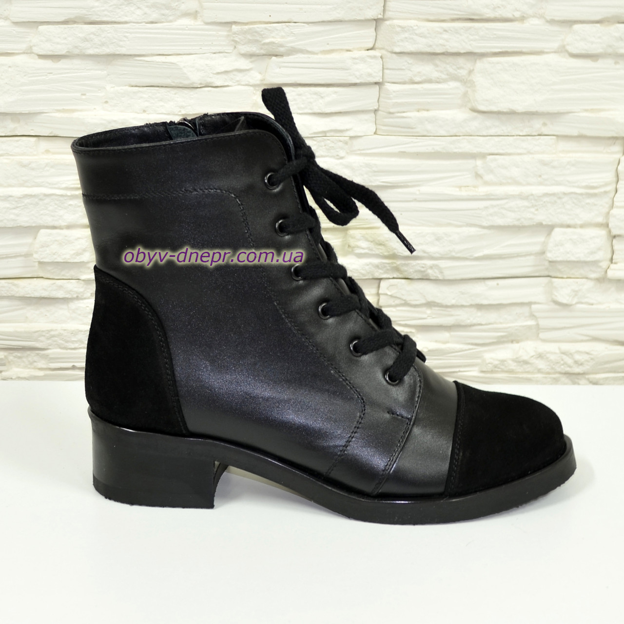 Черевики чорні жіночі на стійкому каблуці, натуральна шкіра і замша, фото 1