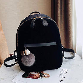 Рюкзак жіночий оксамитовий для дівчат, дівчаток з помпоном (чорний)
