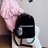 Рюкзак жіночий оксамитовий для дівчат, дівчаток з помпоном (чорний), фото 2