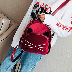 Рюкзак жіночий оксамитовий Кіт з хутряними вушками (бордовий)