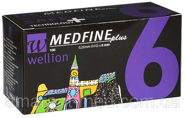 Голки для інсулінових шприц-ручок Wellion MEDFINE plus 0,25 мм (31G) x 6 мм, 100 шт.