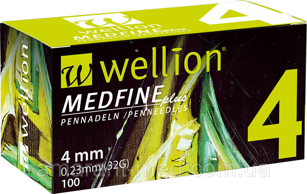Голки для інсулінових шприц-ручок Wellion MEDFINE plus 0,23 мм (32G) x 4 мм, 100 шт.