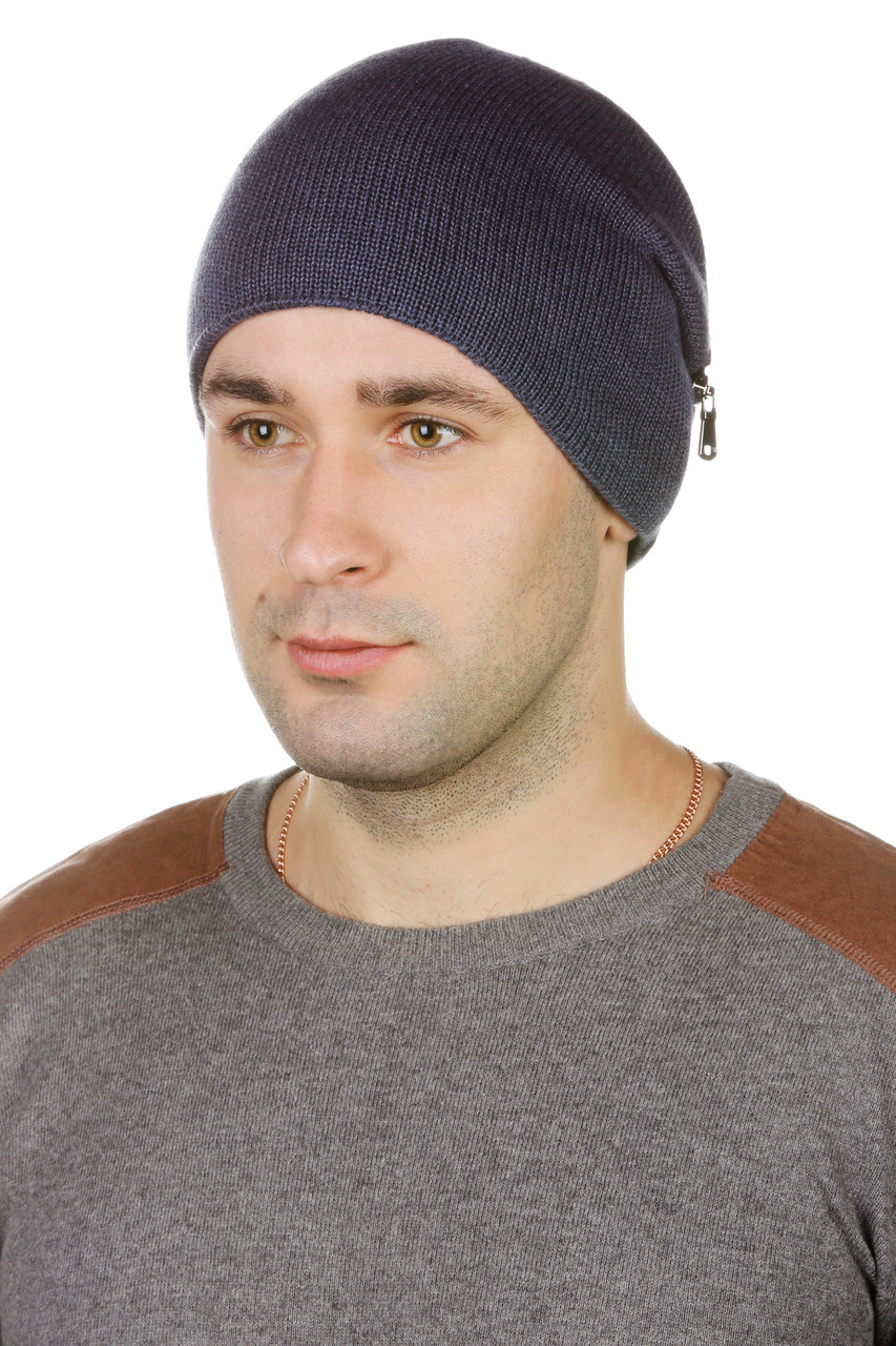 Шапка в'язана чоловіча синя зі шкіряною вставкою, фото 1