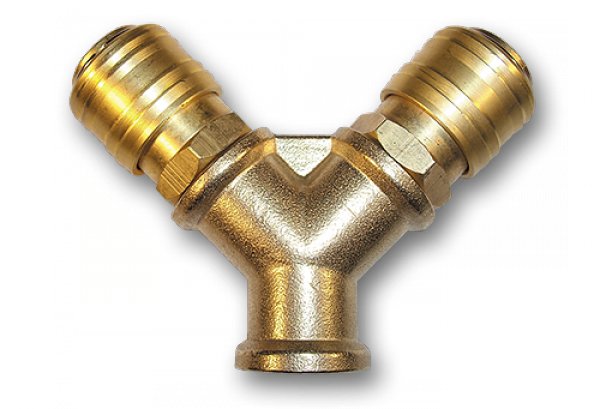 Двійник РВ 3/8" + 2 3 конектори пневматичних 
"мама", латунь, SP026