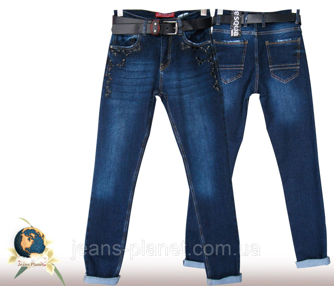 Джинси Mom EsQva синього кольору з камінням пелюстки, фото 1