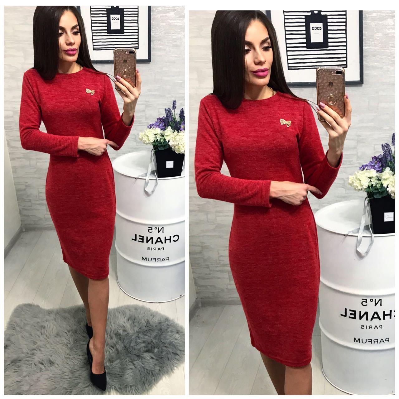 Плаття (800) ангора з брошкою, червоний  меланж