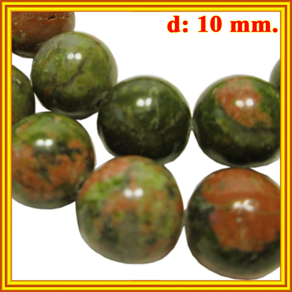 Намистини Яшма Унакит, Камінь Зеленого Кольору, Діаметр 10 мм, Отвір 1 мм, на Нитках, близько 38 см/нитка, №207