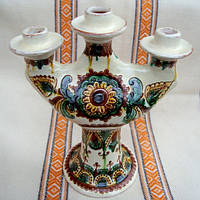 Підсвічник високий на три свічки глиняний 25 см "Косівська кераміка" ручний розпис