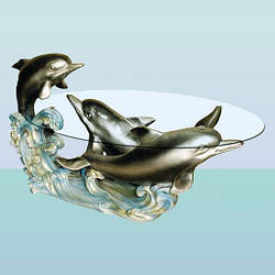 Журнальний скляний стіл, оригінальний кавовий столик Три дельфіни