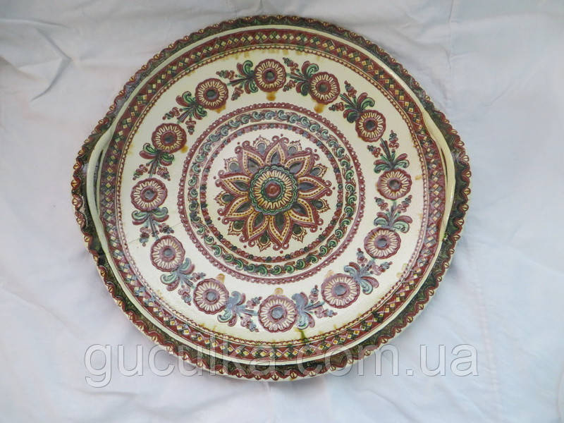 Піднос для фруктів з ручками глиняний 40 см "Косівська кераміка" ручний розпис, фото 1