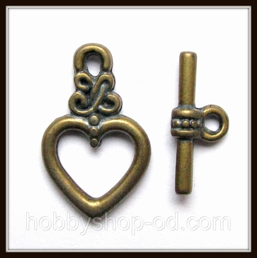 Замок тогл "серце" бронза (2,1х1,3; h 1,7 см) 8 шт. в уп, фото 1