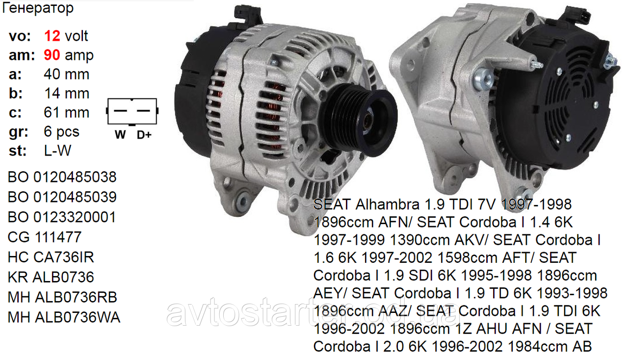 Генератор SEAT Alhambra Arosa Cordoba Ibiza VOLKSWAGEN Caddy Golf Multivan T4 Passat Polo Sharan Transporter